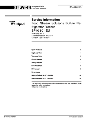Whirlpool sp40 801 eu service manual cover with model code, manual contents and publication date