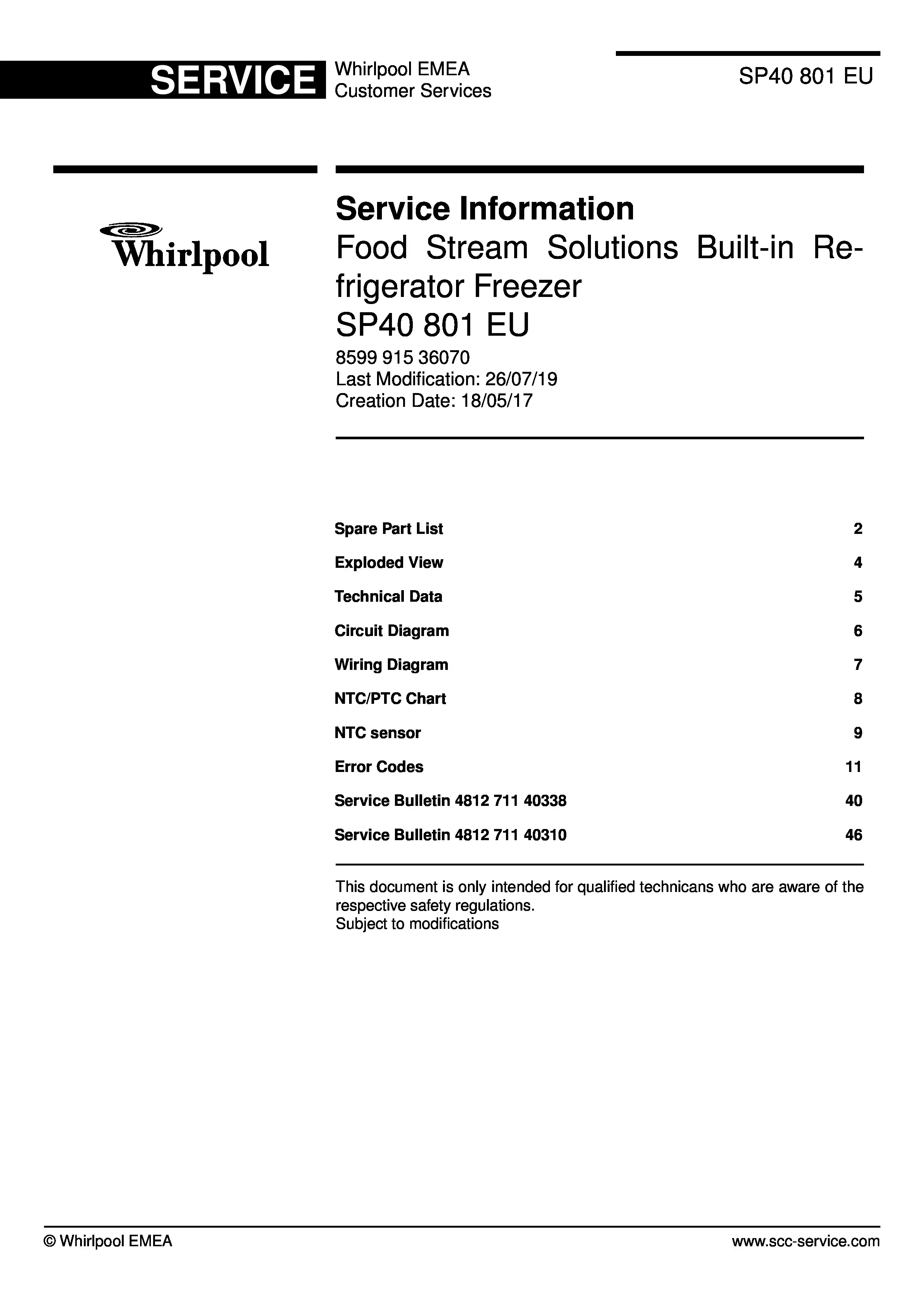 Whirlpool sp40 801 eu service manual cover with model code, manual contents and publication date