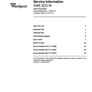 Whirlpool sw6 a2q w service manual cover with model code, manual contents and publication date