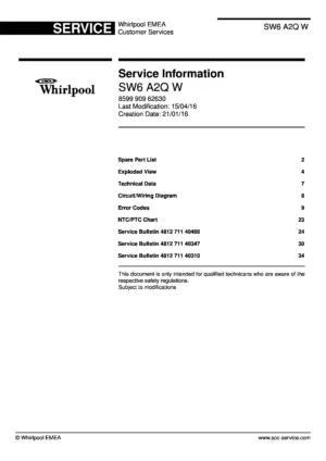 Whirlpool sw6 a2q w service manual cover with model code, manual contents and publication date