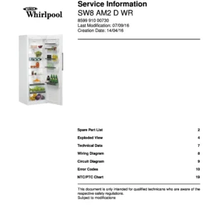 Whirlpool sw8 am2 d wr service manual cover with model code, manual contents and publication date