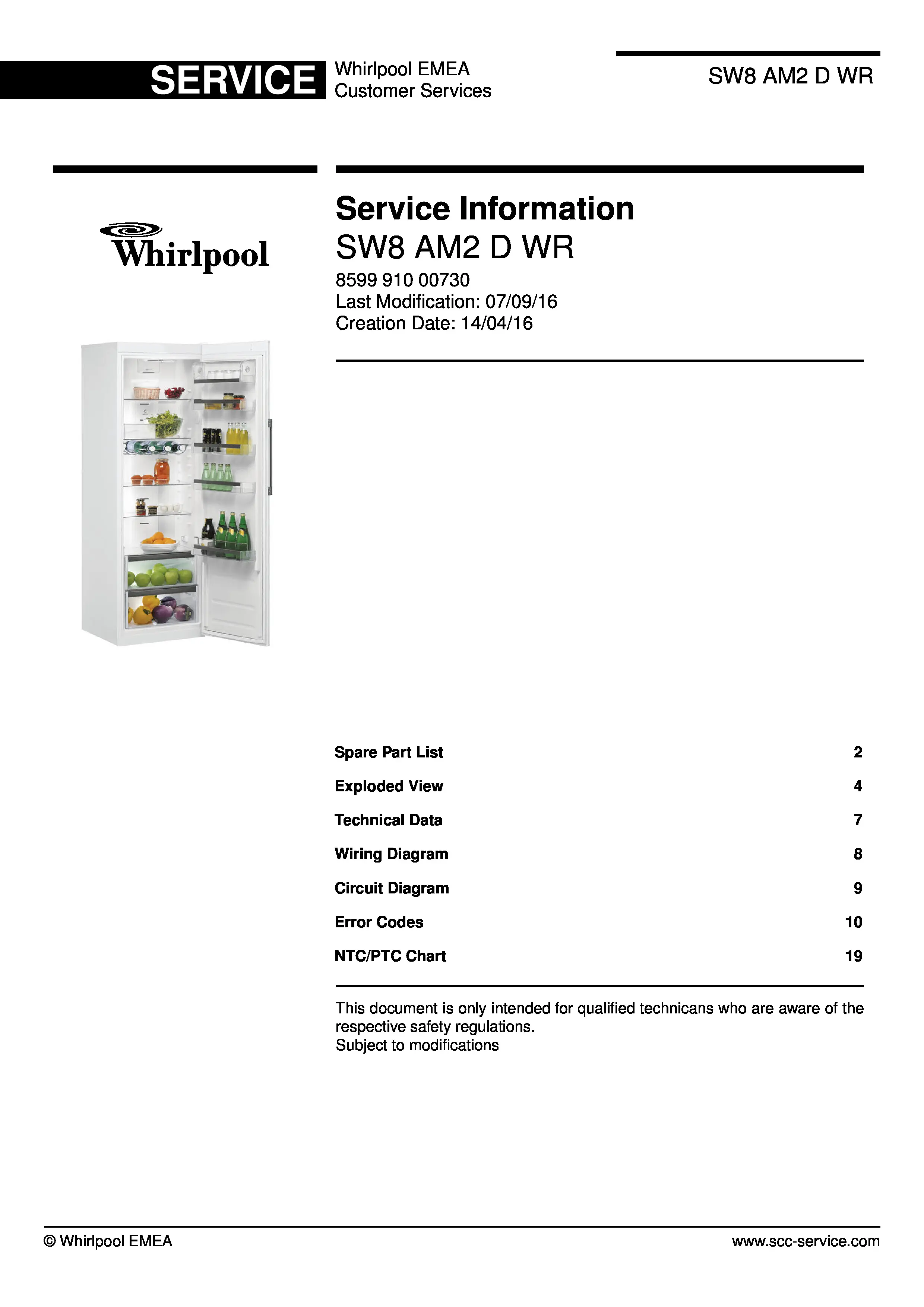 Whirlpool sw8 am2 d wr service manual cover with model code, manual contents and publication date