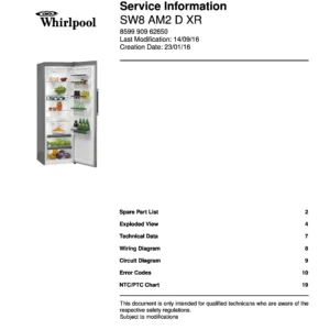 Whirlpool sw8 am2 d xr service manual cover with model code, manual contents and publication date