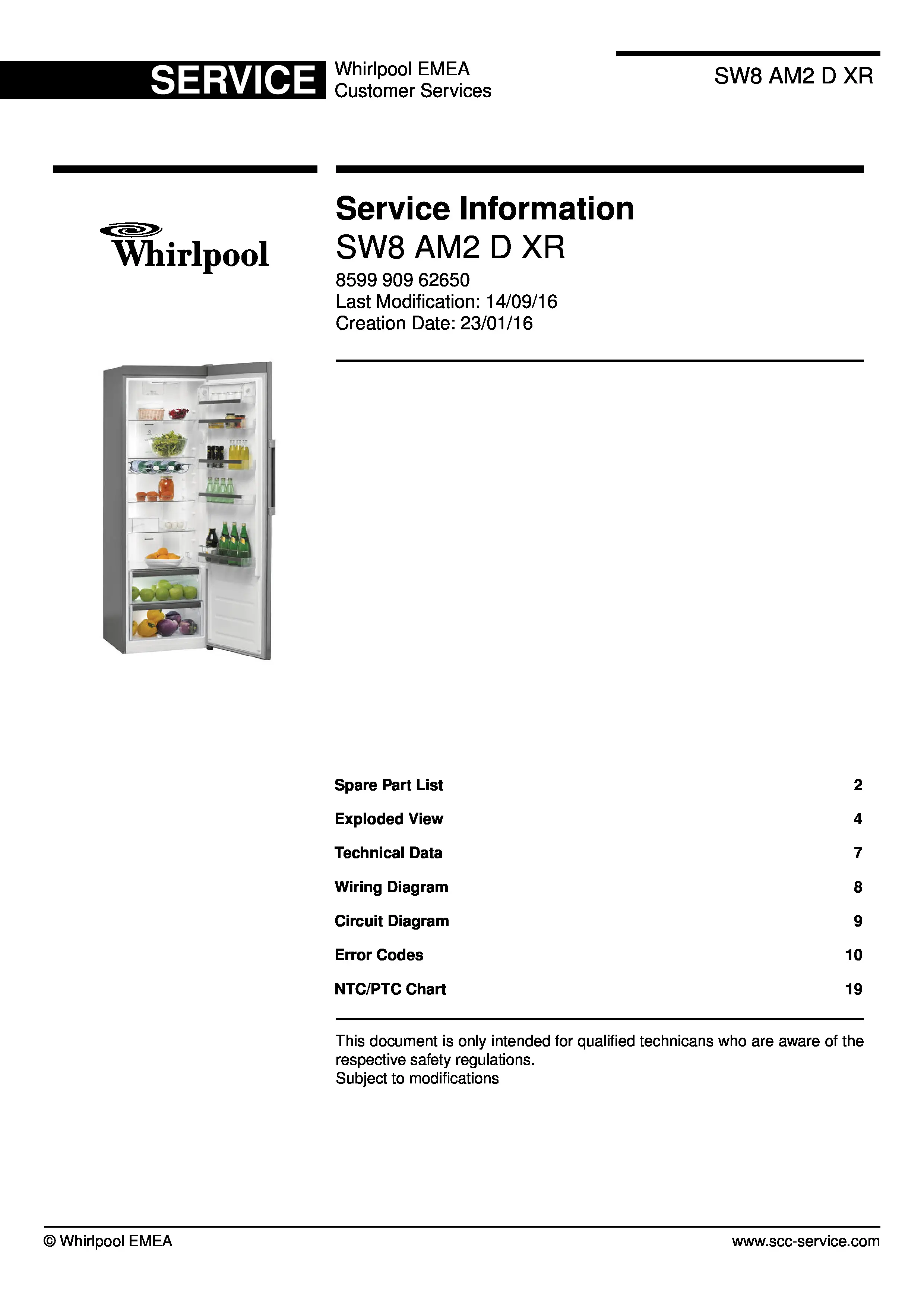 Whirlpool sw8 am2 d xr service manual cover with model code, manual contents and publication date