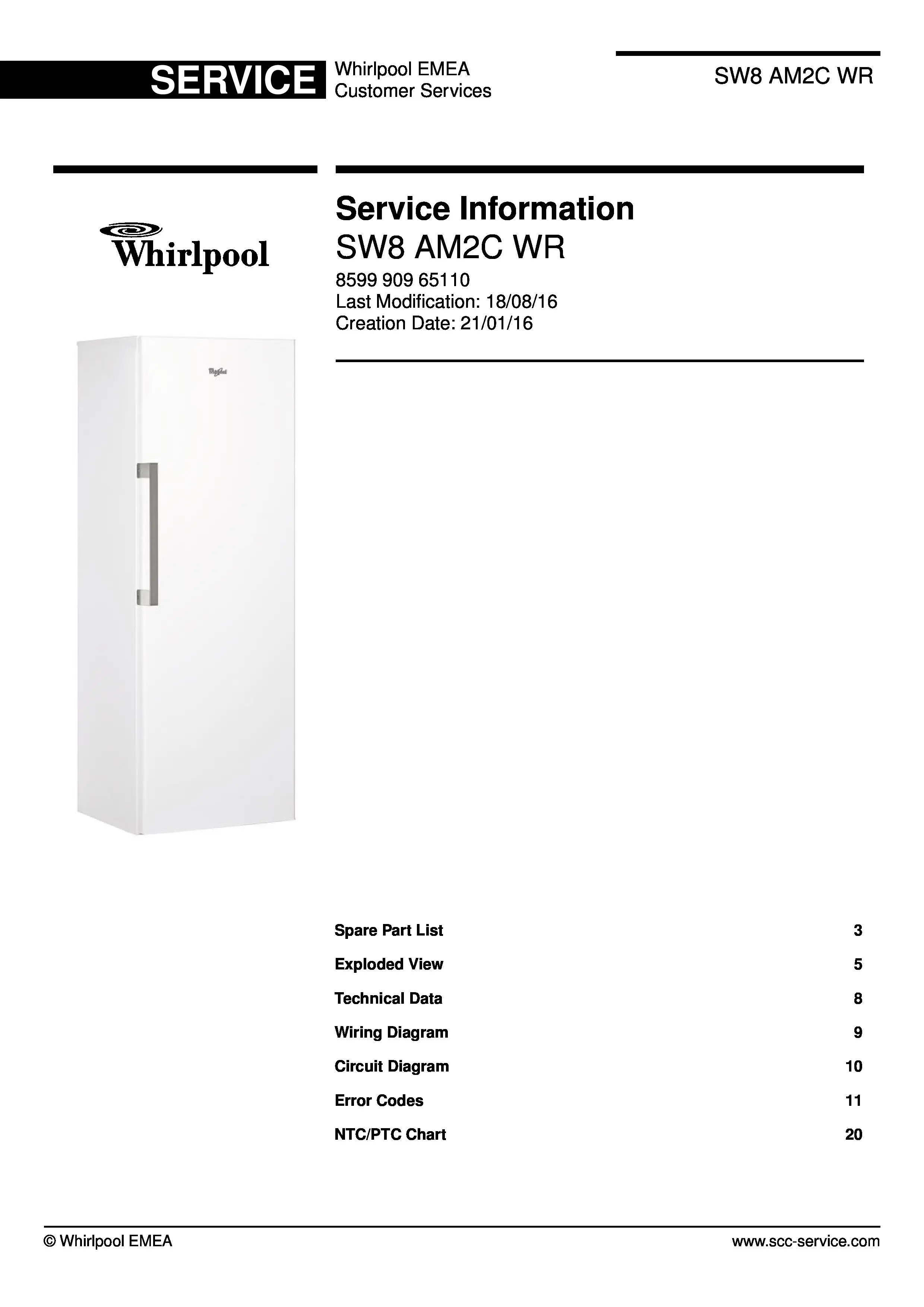 Whirlpool sw8 am2c wr service manual cover with model code, manual contents and publication date