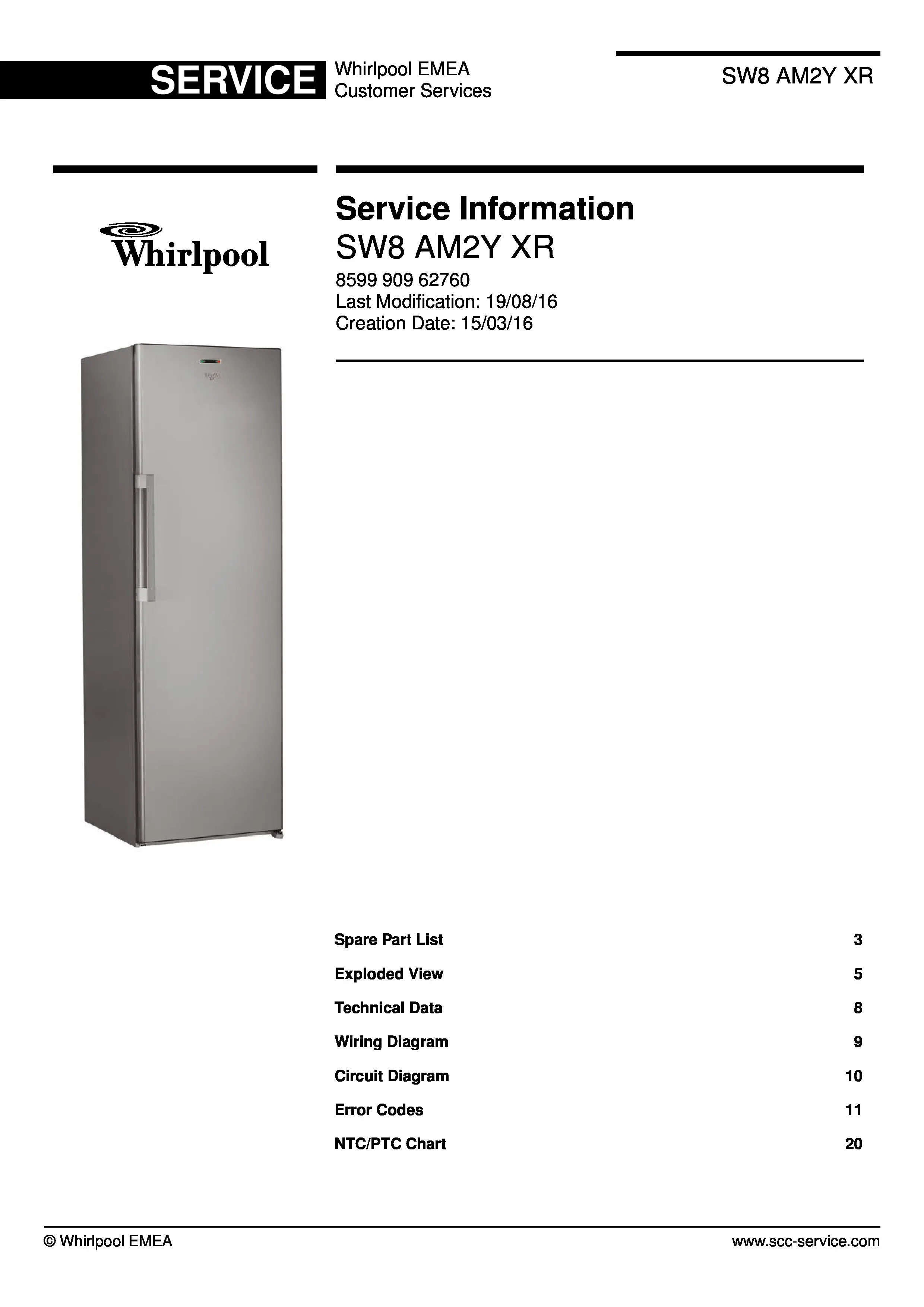 Whirlpool sw8 am2y xr service manual cover with model code, manual contents and publication date
