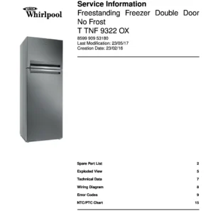 Whirlpool t tnf 9322 ox service manual cover with model code, manual contents and publication date