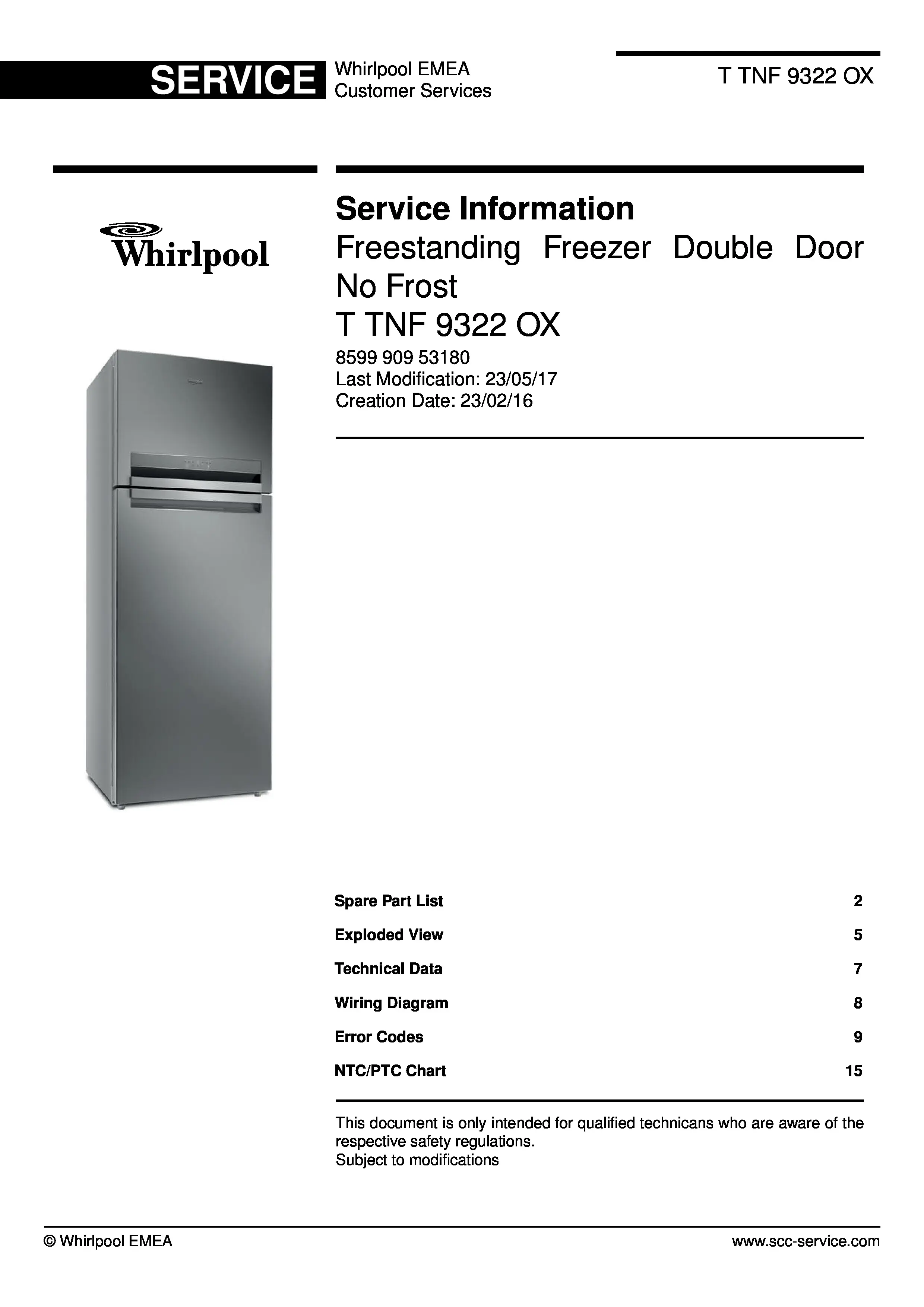 Whirlpool t tnf 9322 ox service manual cover with model code, manual contents and publication date
