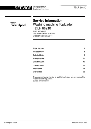 Whirlpool tdlr 60210 service manual cover Whirlpool logo, Whirlpool EMEA customer service, model type, publication date, document number and service manual contents