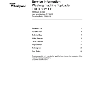 Whirlpool tdlr 60211 f service manual cover Whirlpool logo, Whirlpool EMEA customer service, model type, publication date, document number and service manual contents