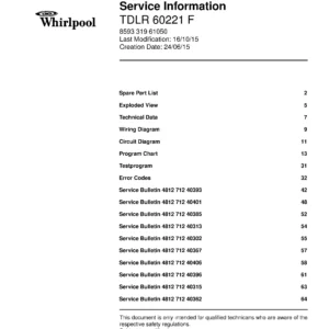 Whirlpool tdlr 60221 f service manual cover Whirlpool logo, Whirlpool EMEA customer service, model type, publication date, document number and service manual contents