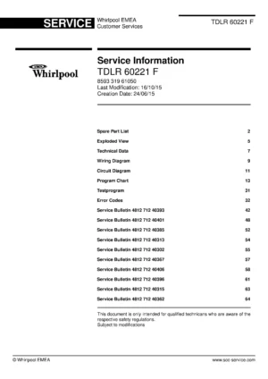 Whirlpool tdlr 60221 f service manual cover Whirlpool logo, Whirlpool EMEA customer service, model type, publication date, document number and service manual contents