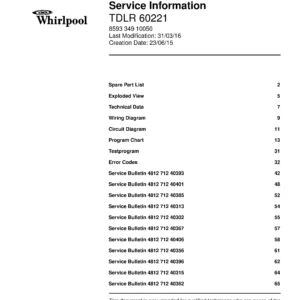 Whirlpool tdlr 60221 service manual cover Whirlpool logo, Whirlpool EMEA customer service, model type, publication date, document number and service manual contents