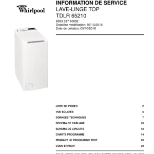 Whirlpool tdlr 65210 couverture du manuel d entretien Whirlpool logo, Whirlpool EMEA customer service, model type, publication date, document number and service manual contents