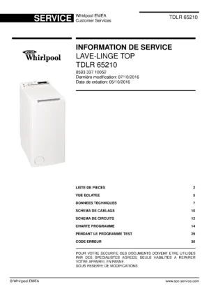 Whirlpool tdlr 65210 couverture du manuel d entretien Whirlpool logo, Whirlpool EMEA customer service, model type, publication date, document number and service manual contents
