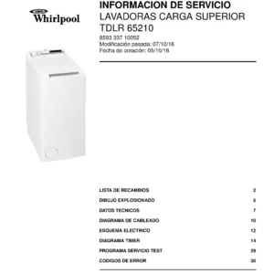 Whirlpool tdlr 65210 portada del manual de servicio Whirlpool logo, Whirlpool EMEA customer service, model type, publication date, document number and service manual contents