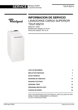 Whirlpool tdlr 65210 portada del manual de servicio Whirlpool logo, Whirlpool EMEA customer service, model type, publication date, document number and service manual contents