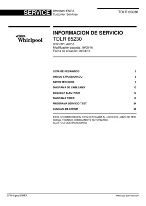Whirlpool tdlr 65230 portada del manual de servicio Whirlpool logo, Whirlpool EMEA customer service, model type, publication date, document number and service manual contents