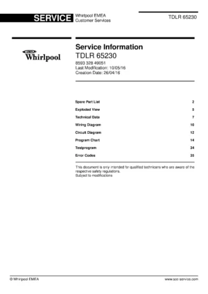 Whirlpool tdlr 65230 service manual cover Whirlpool logo, Whirlpool EMEA customer service, model type, publication date, document number and service manual contents