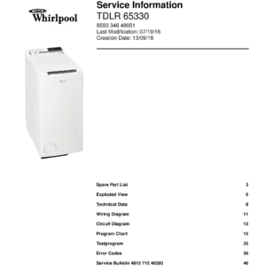 Whirlpool tdlr 65330 service manual cover Whirlpool logo, Whirlpool EMEA customer service, model type, publication date, document number and service manual contents