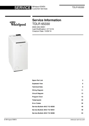Whirlpool tdlr 65330 service manual cover Whirlpool logo, Whirlpool EMEA customer service, model type, publication date, document number and service manual contents