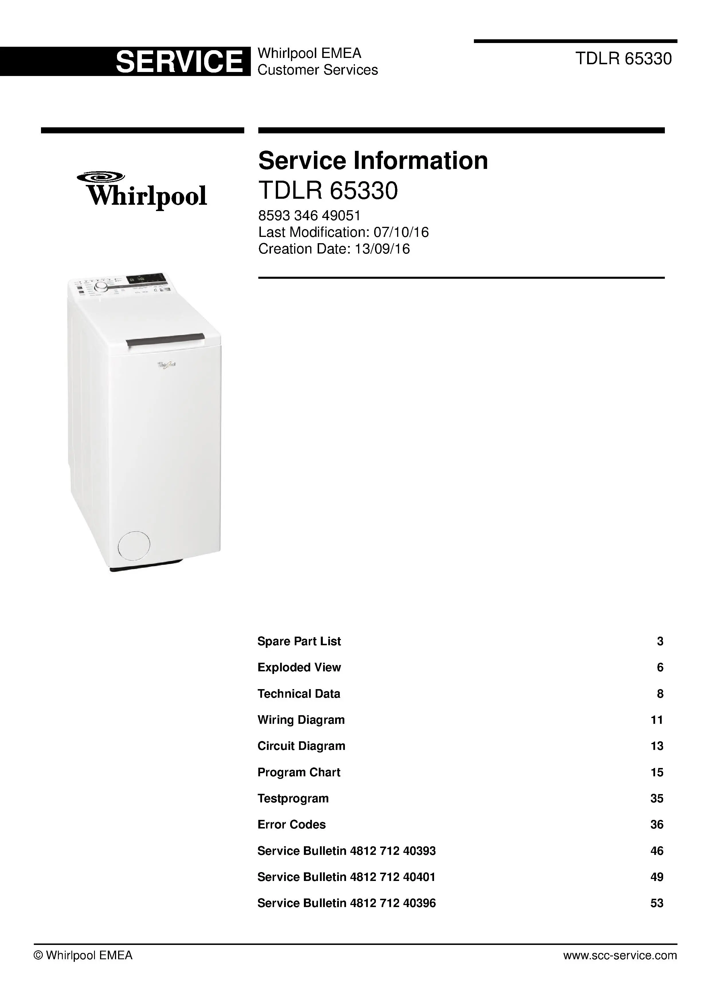 Whirlpool tdlr 65330 service manual cover Whirlpool logo, Whirlpool EMEA customer service, model type, publication date, document number and service manual contents