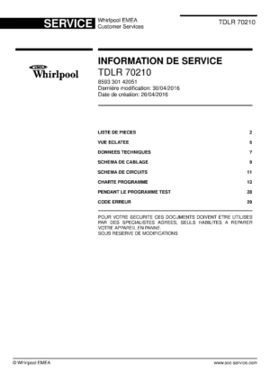 Whirlpool tdlr 70210 couverture du manuel d entretien Whirlpool logo, Whirlpool EMEA customer service, model type, publication date, document number and service manual contents
