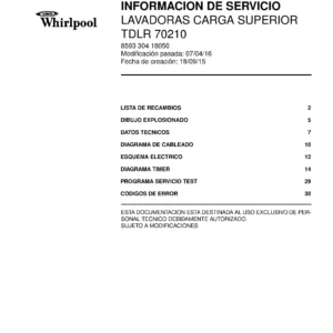 Whirlpool tdlr 70210 portada del manual de servicio Whirlpool logo, Whirlpool EMEA customer service, model type, publication date, document number and service manual contents