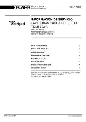 Whirlpool tdlr 70210 portada del manual de servicio Whirlpool logo, Whirlpool EMEA customer service, model type, publication date, document number and service manual contents