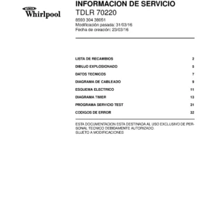 Whirlpool tdlr 70220 portada del manual de servicio Whirlpool logo, Whirlpool EMEA customer service, model type, publication date, document number and service manual contents