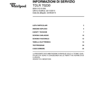 Whirlpool tdlr 70230 copertina del manuale di servizio Whirlpool logo, Whirlpool EMEA customer service, model type, publication date, document number and service manual contents