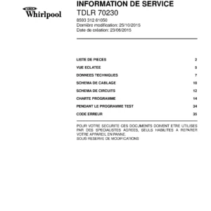 Whirlpool tdlr 70230 couverture du manuel d entretien Whirlpool logo, Whirlpool EMEA customer service, model type, publication date, document number and service manual contents