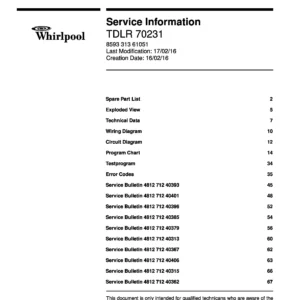Whirlpool tdlr 70231 service manual cover Whirlpool logo, Whirlpool EMEA customer service, model type, publication date, document number and service manual contents