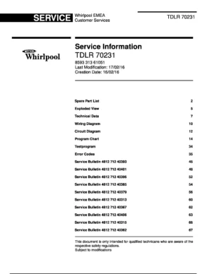 Whirlpool tdlr 70231 service manual cover Whirlpool logo, Whirlpool EMEA customer service, model type, publication date, document number and service manual contents