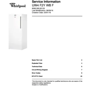 Whirlpool uw4 f2y wb f service manual cover with model code, manual contents and publication date