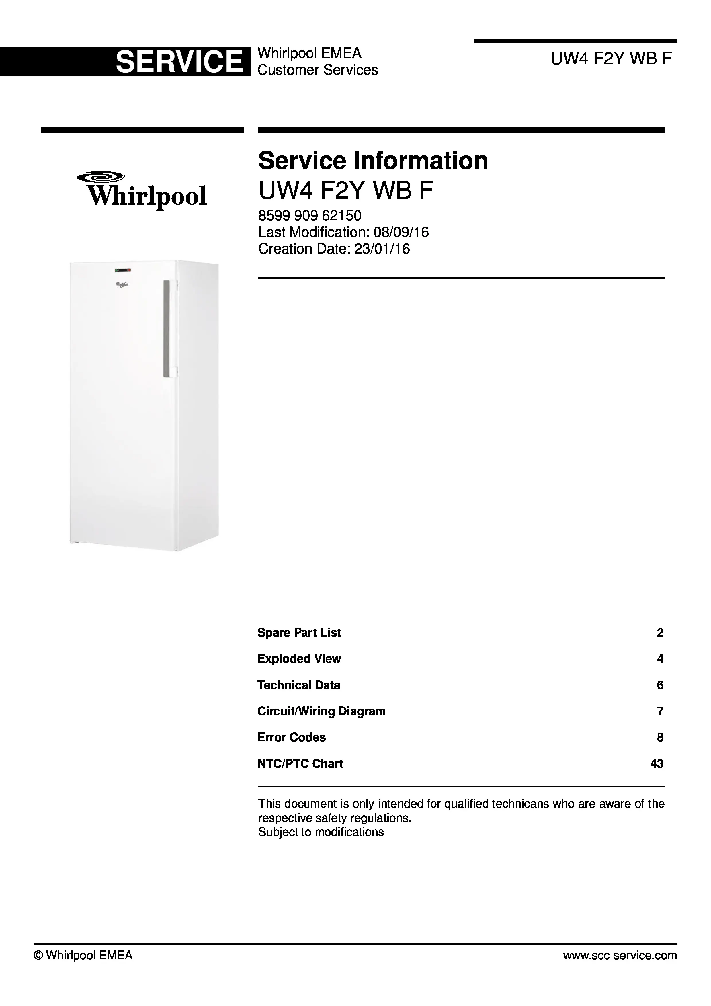 Whirlpool uw4 f2y wb f service manual cover with model code, manual contents and publication date