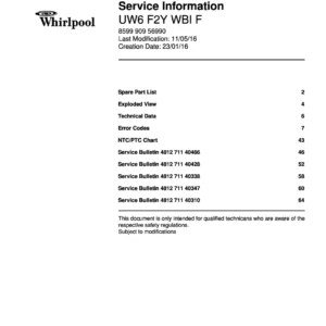 Whirlpool uw6 f2y wbi f service manual cover with model code, manual contents and publication date