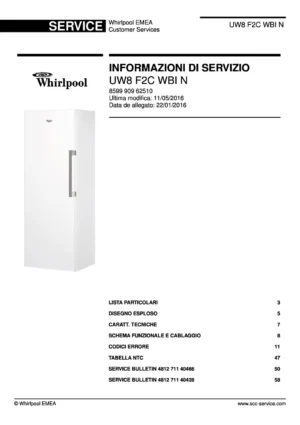 Whirlpool uw8 f2c wbi n italian service manual cover with model code, manual contents and publication date