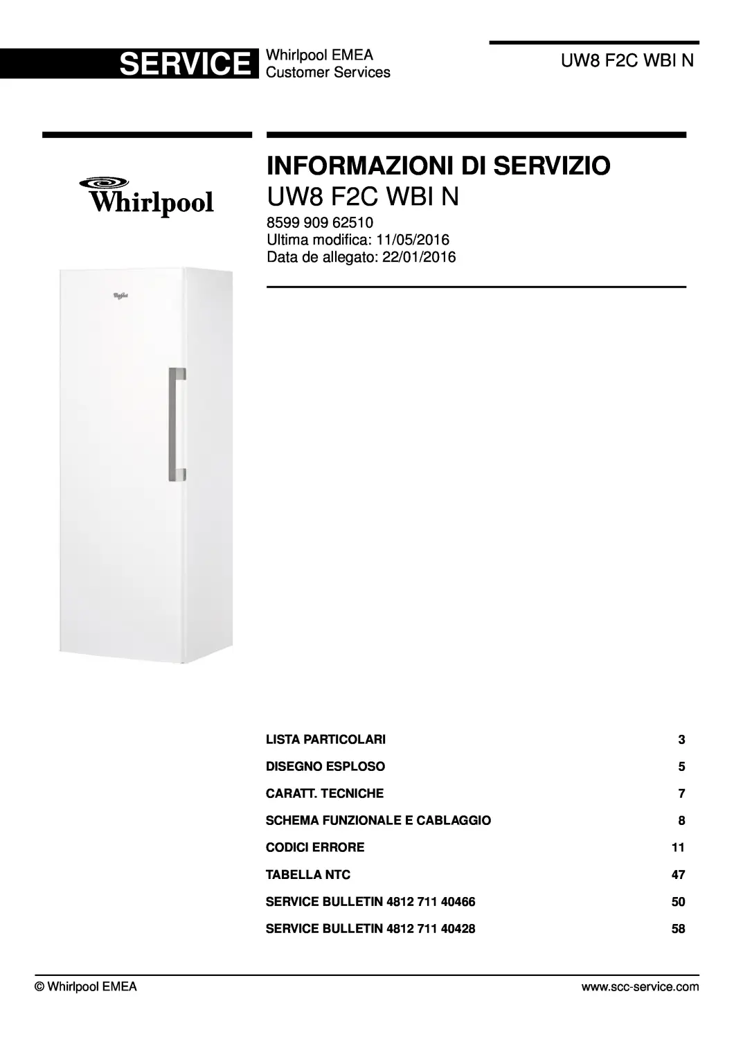 Whirlpool uw8 f2c wbi n italian service manual cover with model code, manual contents and publication date