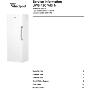 Whirlpool uw8 f2c wbi n service manual cover with model code, manual contents and publication date