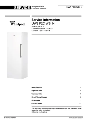 Whirlpool uw8 f2c wbi n service manual cover with model code, manual contents and publication date