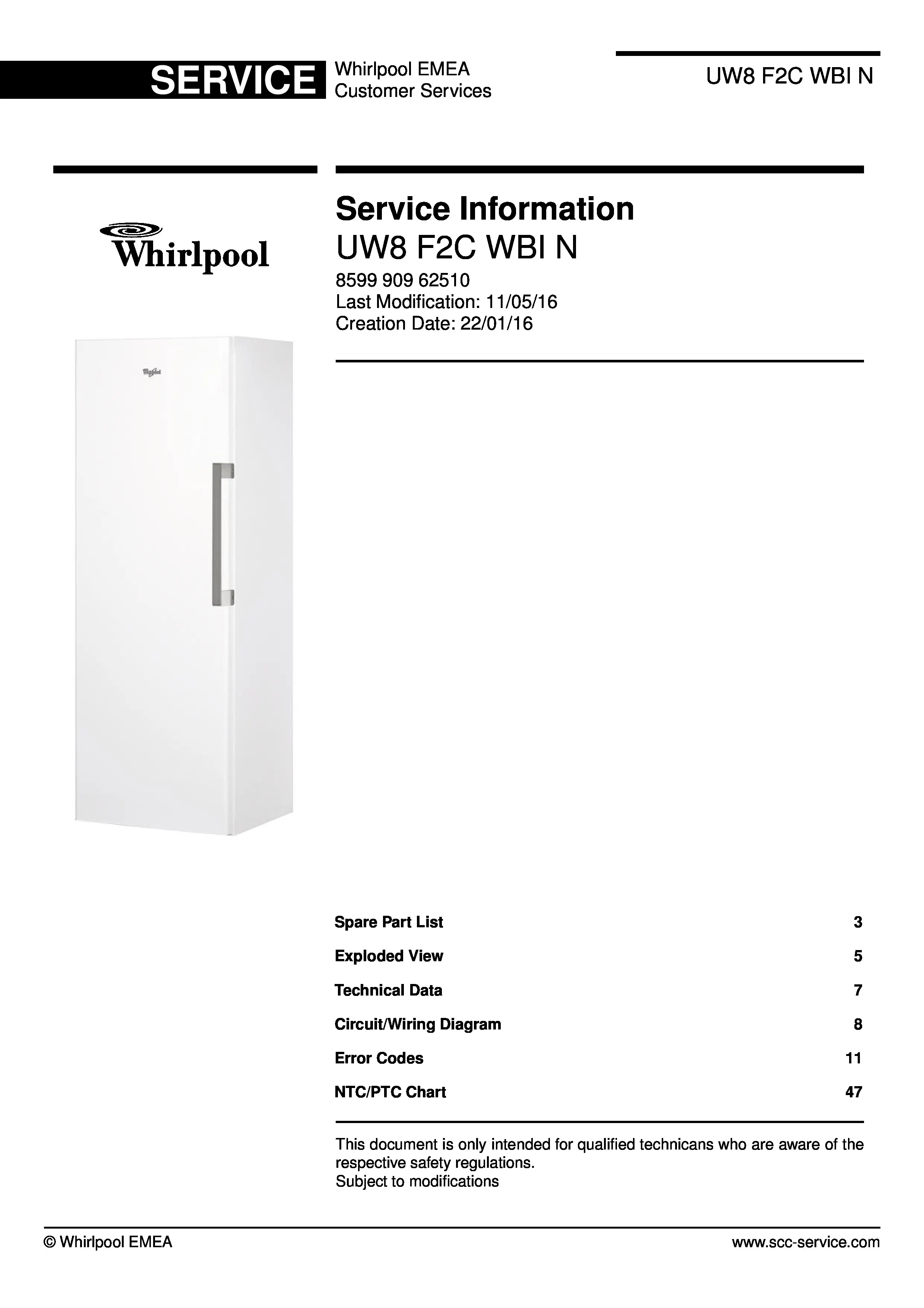 Whirlpool uw8 f2c wbi n service manual cover with model code, manual contents and publication date