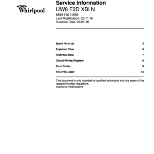 Whirlpool uw8 f2d xbi n service manual cover with model code, manual contents and publication date