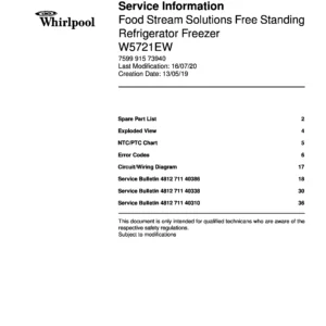Whirlpool w5 721e w service manual cover with model code, manual contents and publication date