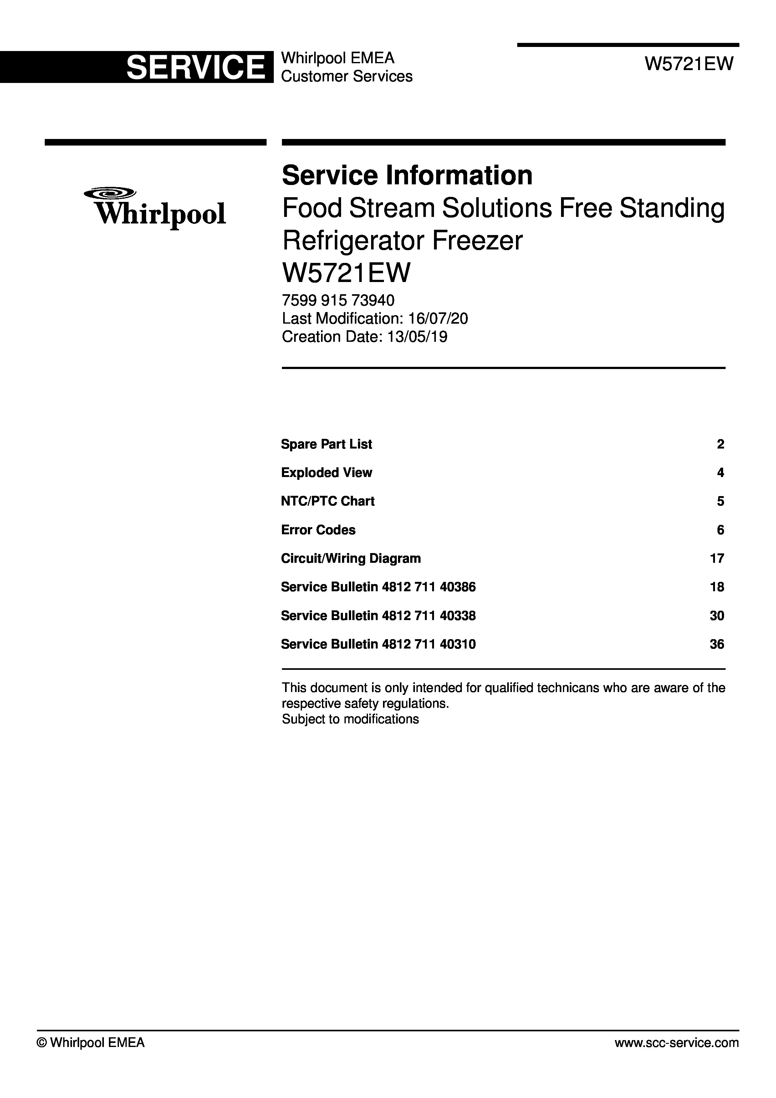 Whirlpool w5 721e w service manual cover with model code, manual contents and publication date