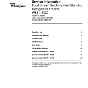Whirlpool w5 811e ox w5811eox service manual cover with model code, manual contents and publication date