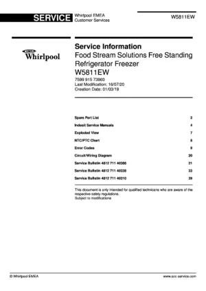 Whirlpool w5 811e w service manual cover with model code, manual contents and publication date