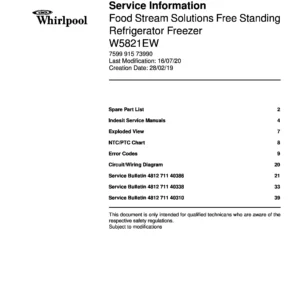 Whirlpool w5 821e w service manual cover with model code, manual contents and publication date