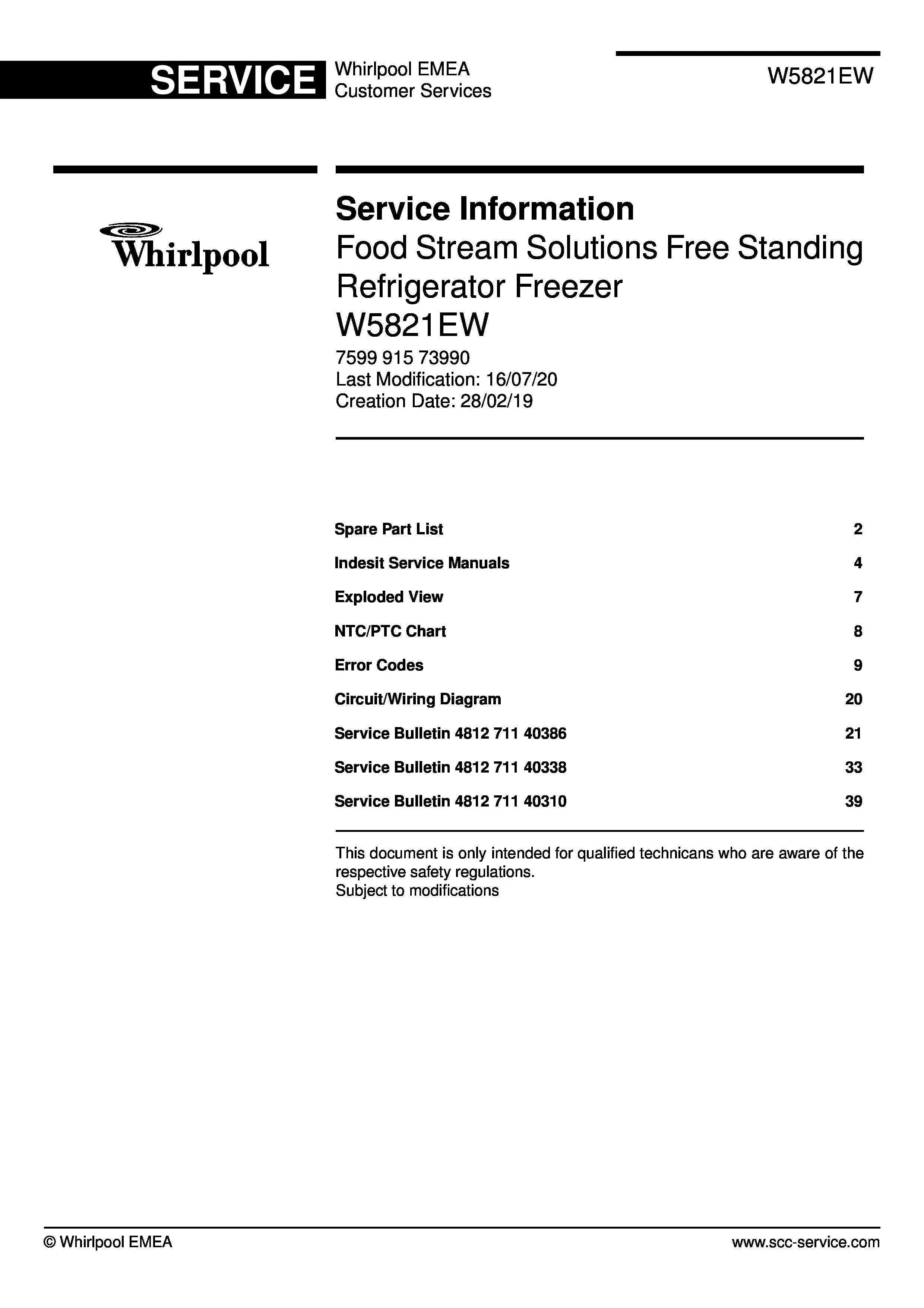 Whirlpool w5 821e w service manual cover with model code, manual contents and publication date