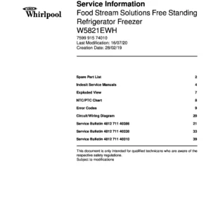 Whirlpool w5 821e w w5821ewh service manual cover with model code, manual contents and publication date